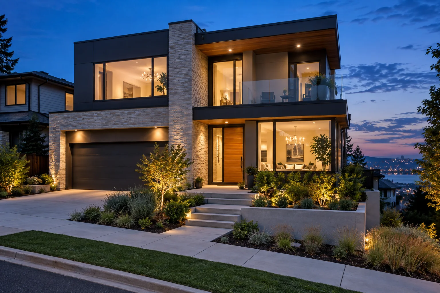 Contemporary home photographed at dusk
