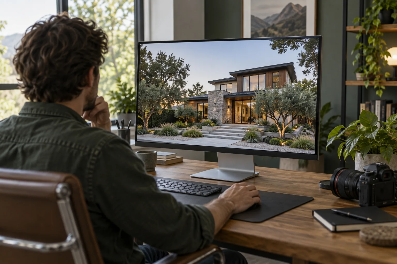 Property media editor reviewing residential photography