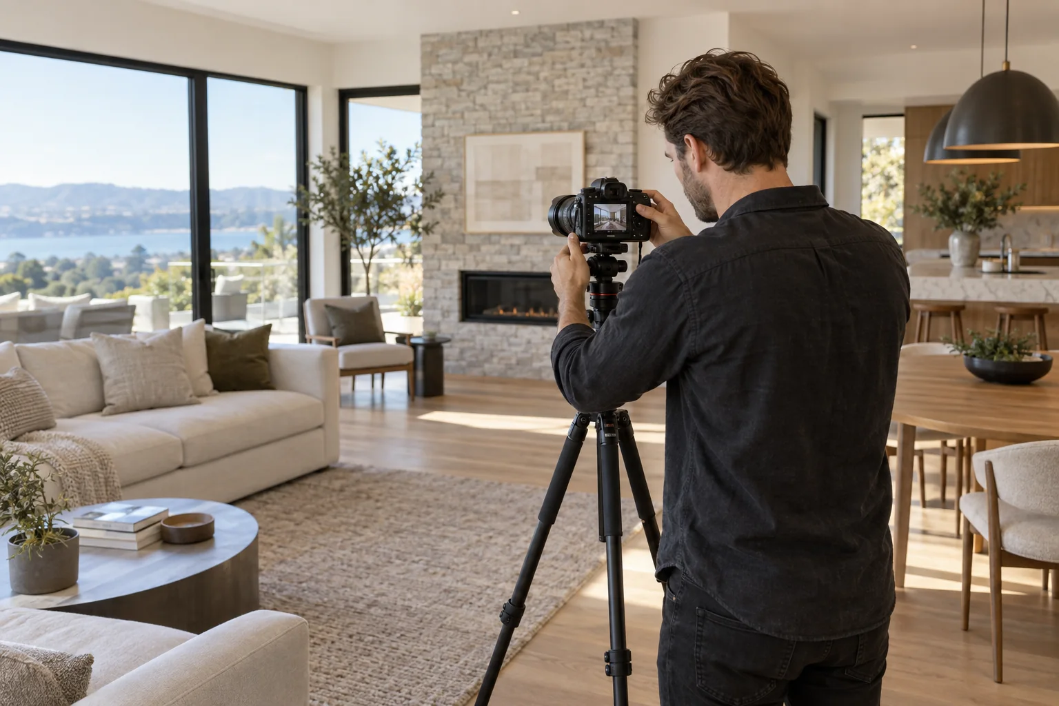 Property photographer preparing a camera inside a home